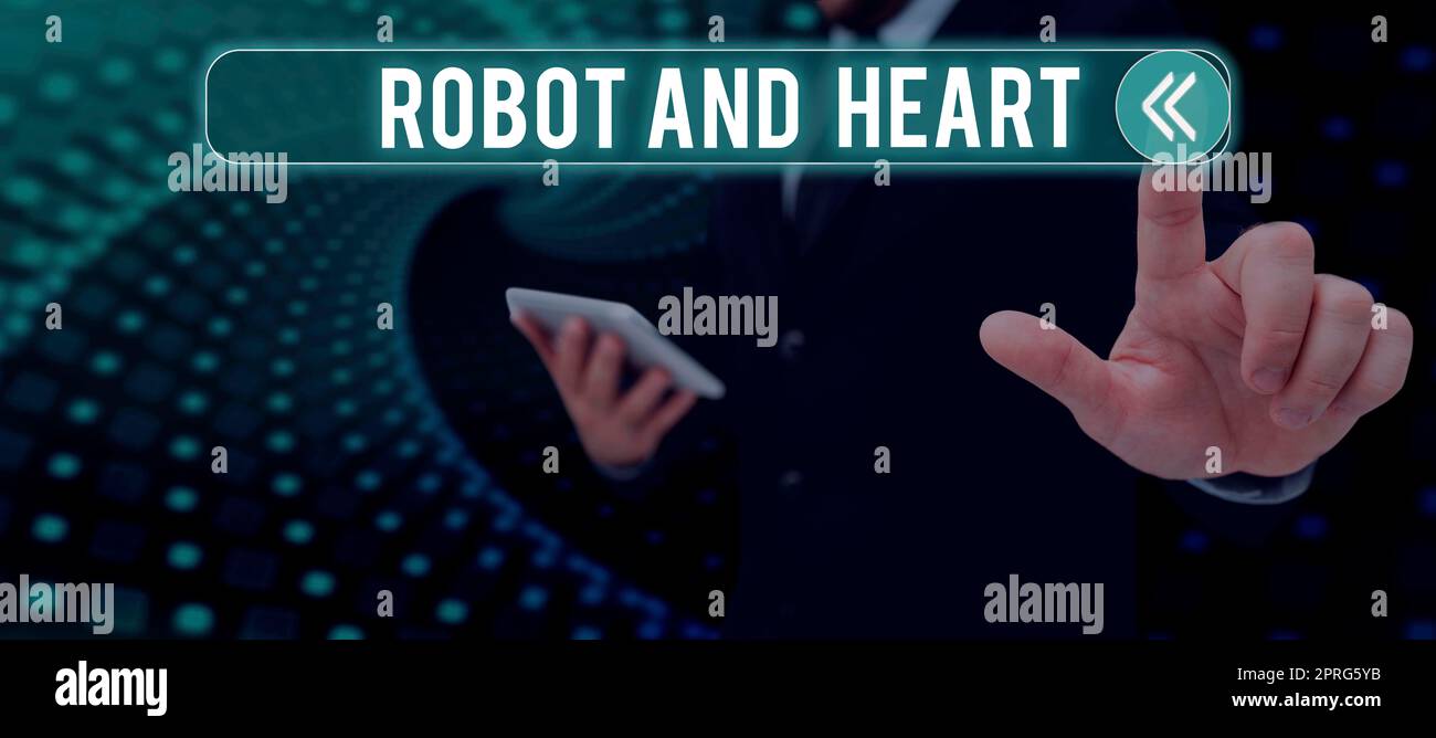 Sign displaying Robot And Heart. Business concept Sensitivity and care behind the machine technology Lady in suit holding pen symbolizing successful teamwork accomplishments. Stock Photo