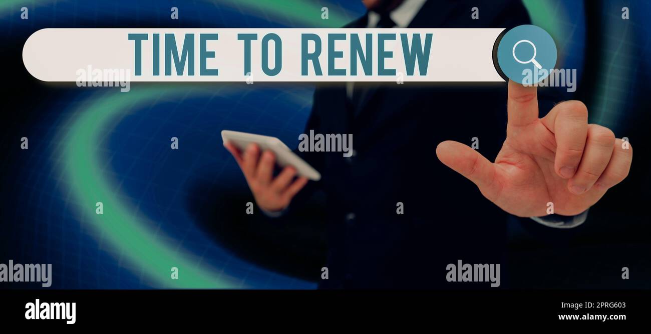 Text showing inspiration Time To Renew. Business showcase Continue the insurance acquired Life and property protection Businessman in suit holding open palm symbolizing successful teamwork. Stock Photo