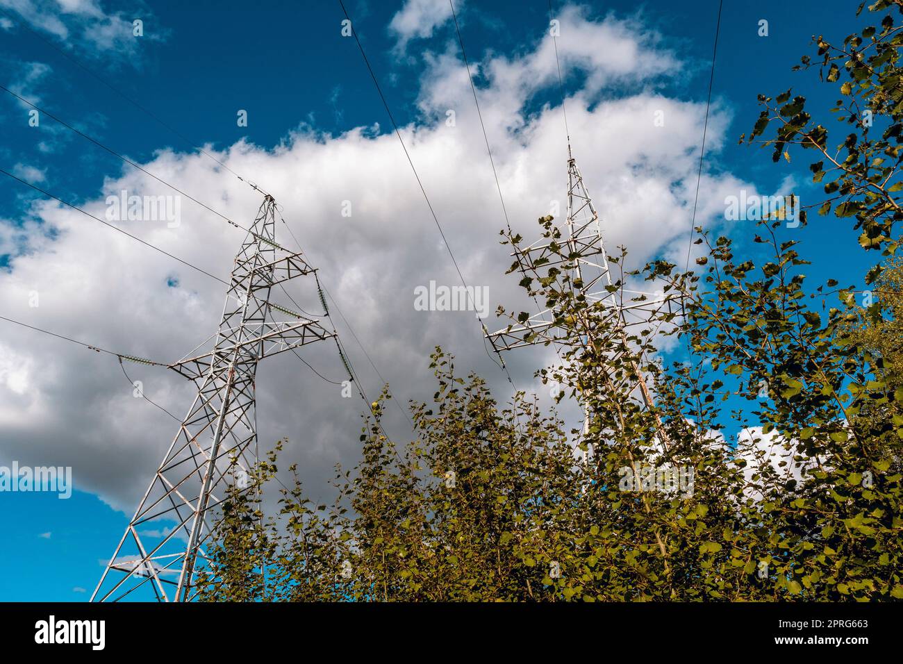 Electricity post high power at low angle view Stock Photo