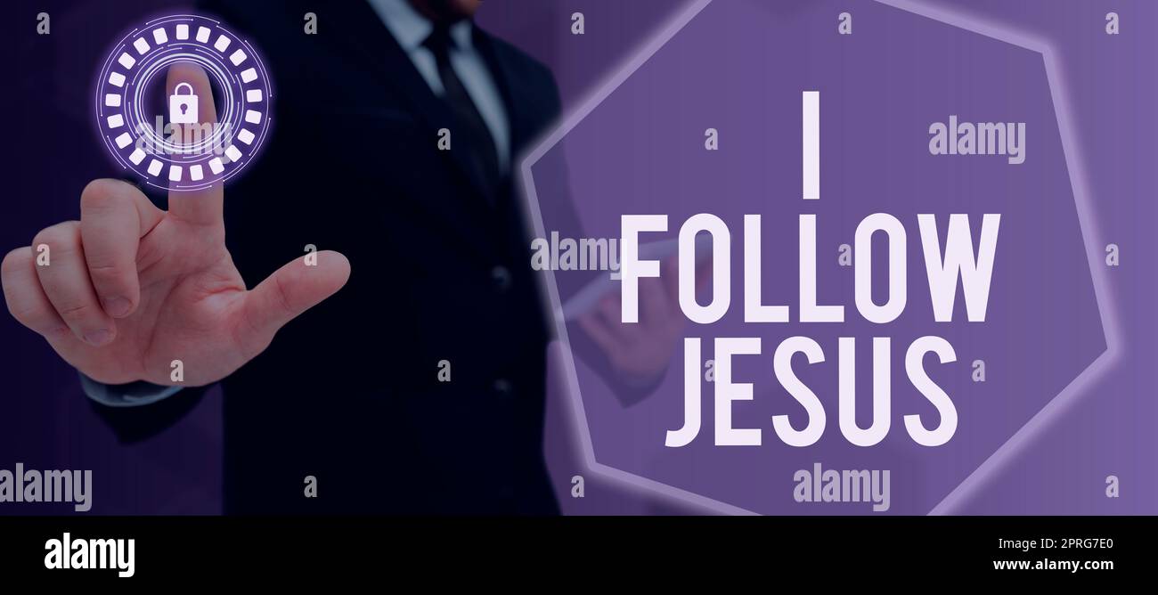 Sign displaying I Follow Jesus. Business idea Religious person with lot of faith Love for God Spirituality Man With Light Bulbs And Puzzle Pieces Around Thinking New Ideas. Stock Photo