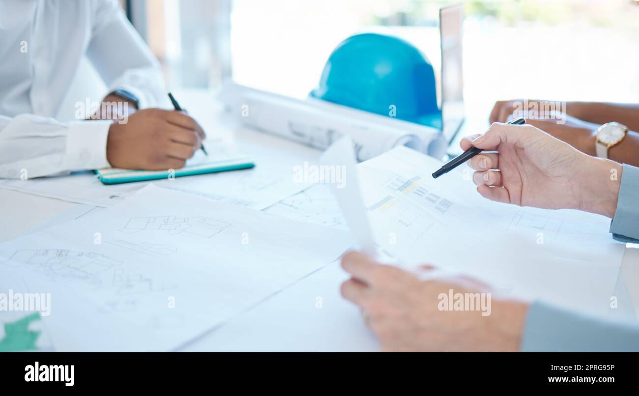 Hands of architecture blueprint design, 3d property construction building and engineering model planning. Creative team collaboration on floor plan sketch, drawing development and industrial project Stock Photo