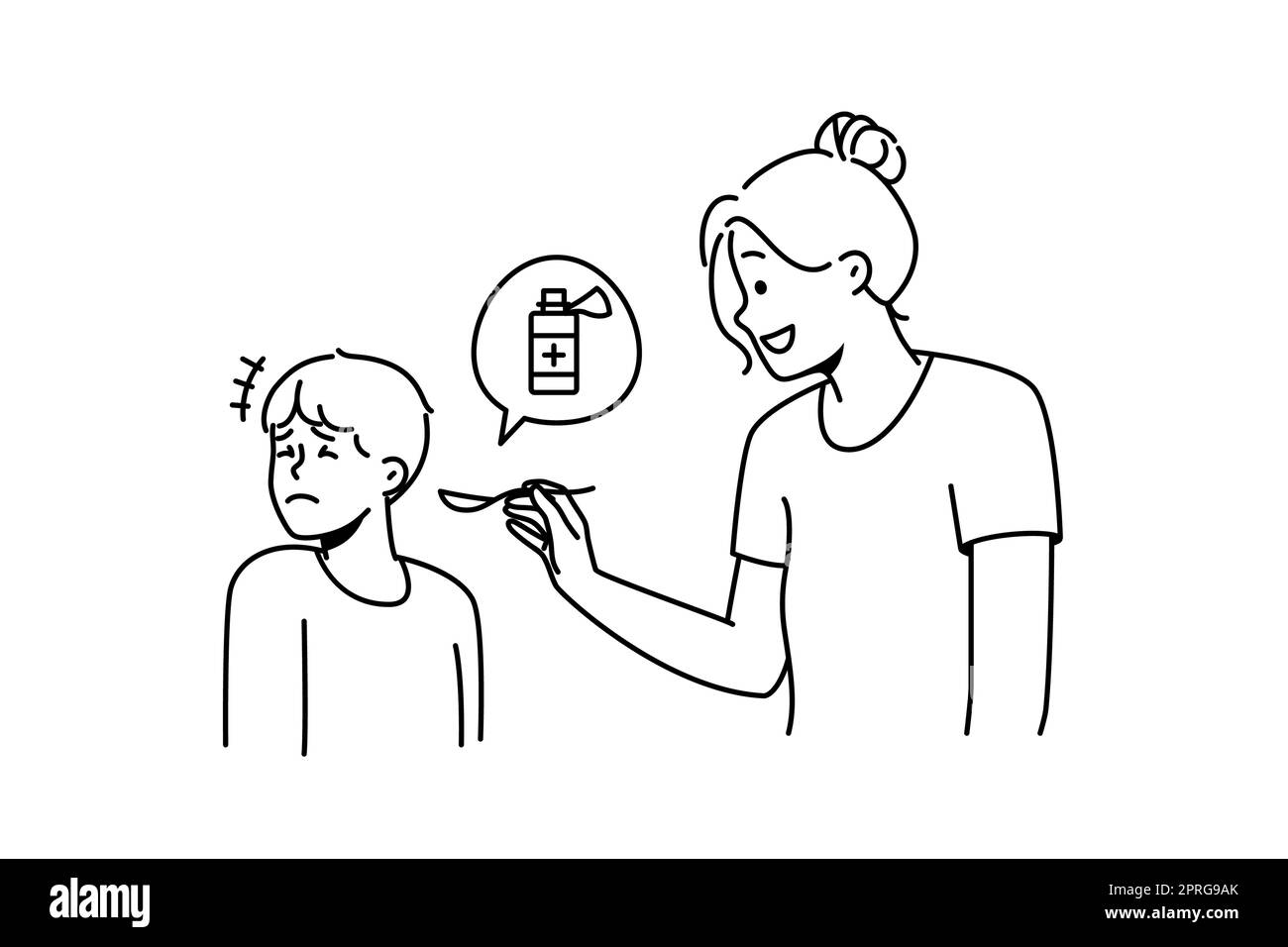 Mother giving unhappy sick child meds. Stubborn ill boy kid refuse