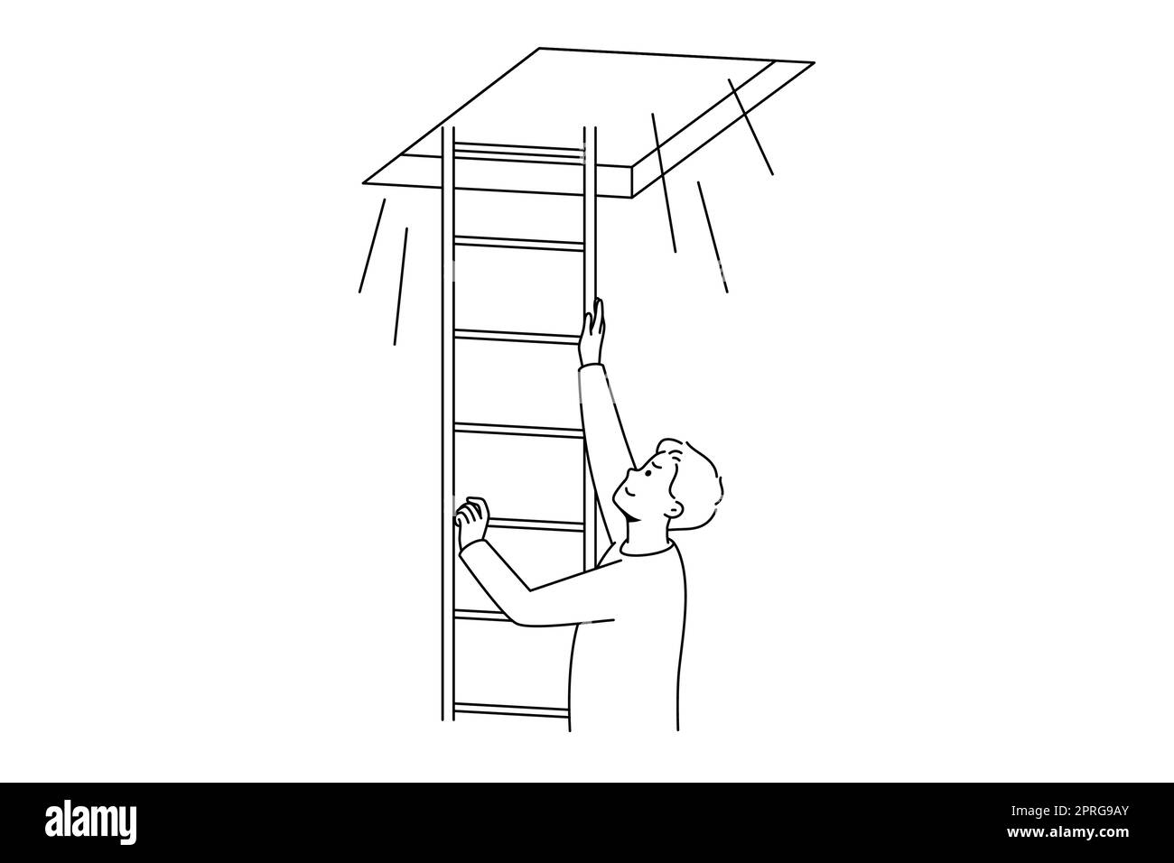 Man climbing up ladder to light. Smiling motivated male go up open new opportunities or