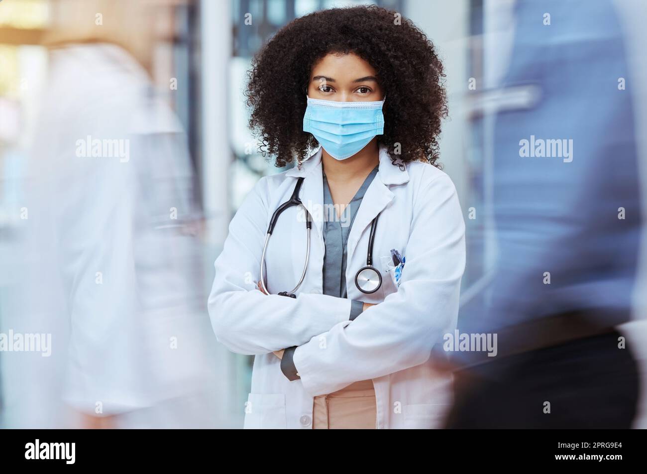 Medical doctor, woman nurse in covid and healthcare professional. Worried face expression, female professional with mask on during pandemic crisis, essential worker in lockdown lab coat practitioner Stock Photo