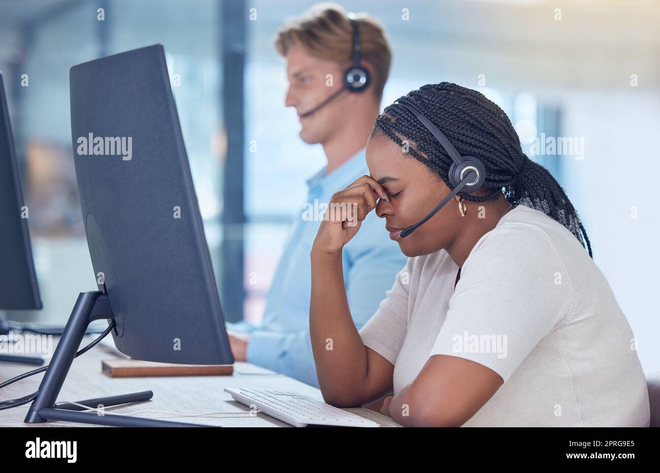 Business woman fail in investment, stock market and forex trading or economy crisis. Stress, bad financial invest on stocks for corporate finance worker and profit loss on computer data for company Stock Photo