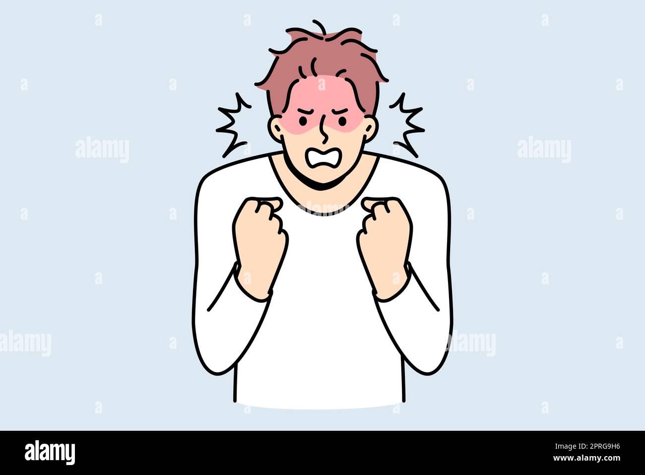 Furious young man clench fists struggle with madness or panic. Angry male feeling emotional and enraged. Rage and emotion control. Vector illustration Stock Photo