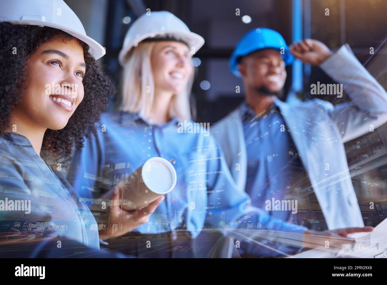 Diversity, team and blueprint of a group of architect people working on a site plan for construction or building. Business contractors in teamwork, double exposure and overlay with a vision at work. Stock Photo