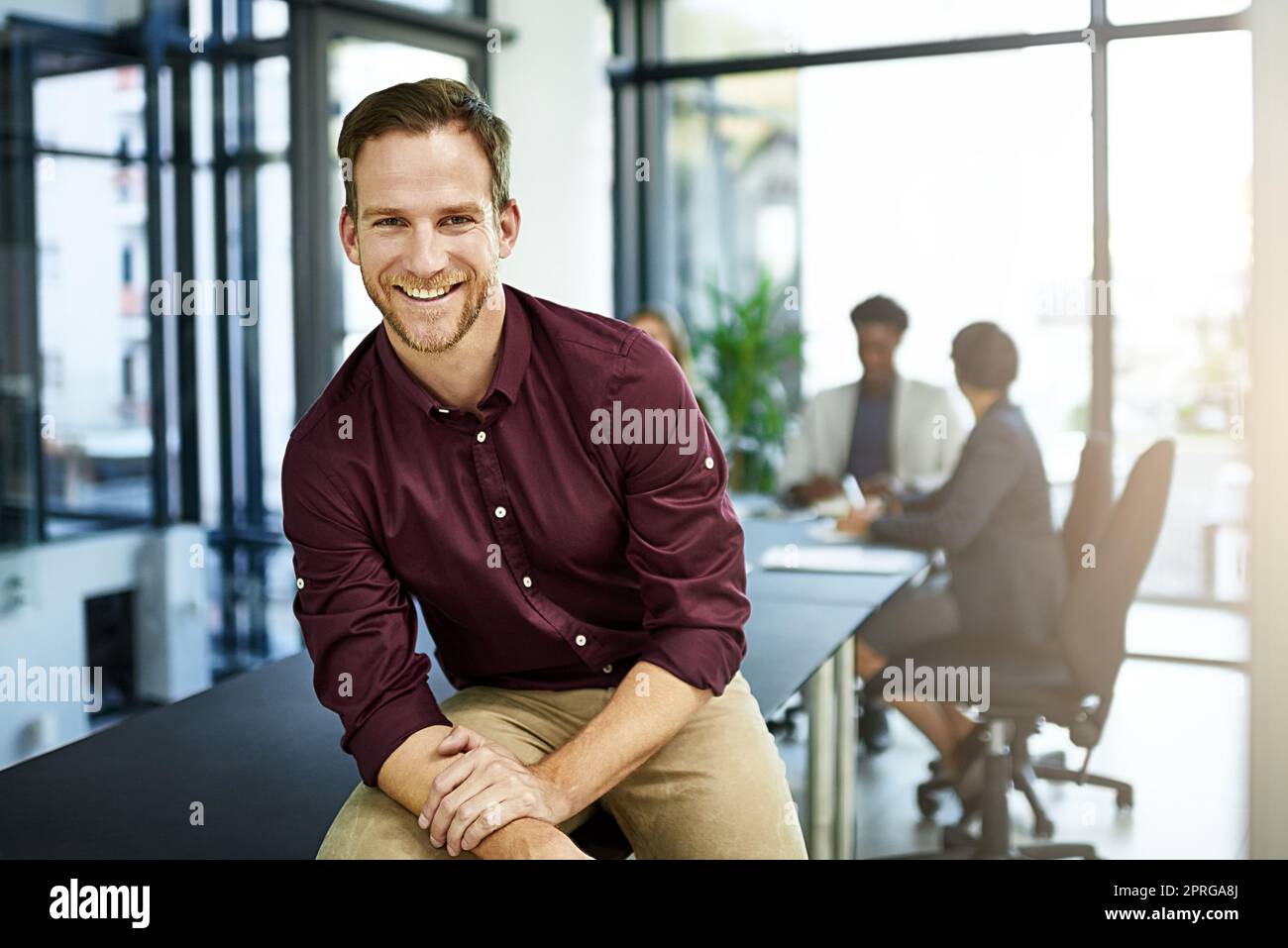 I reached the highest pinnacle of leadership success. Portrait of a businessman in a boardroom with his colleagues blurred out in the background. Stock Photo