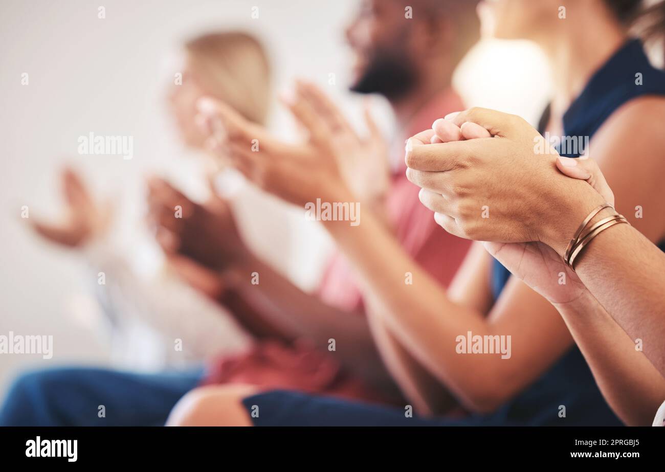 Clapping, workshop and teamwork training in presentation, business conference or office tradeshow. Zoom on diversity hands, motivation or people success for innovation conference or company education Stock Photo