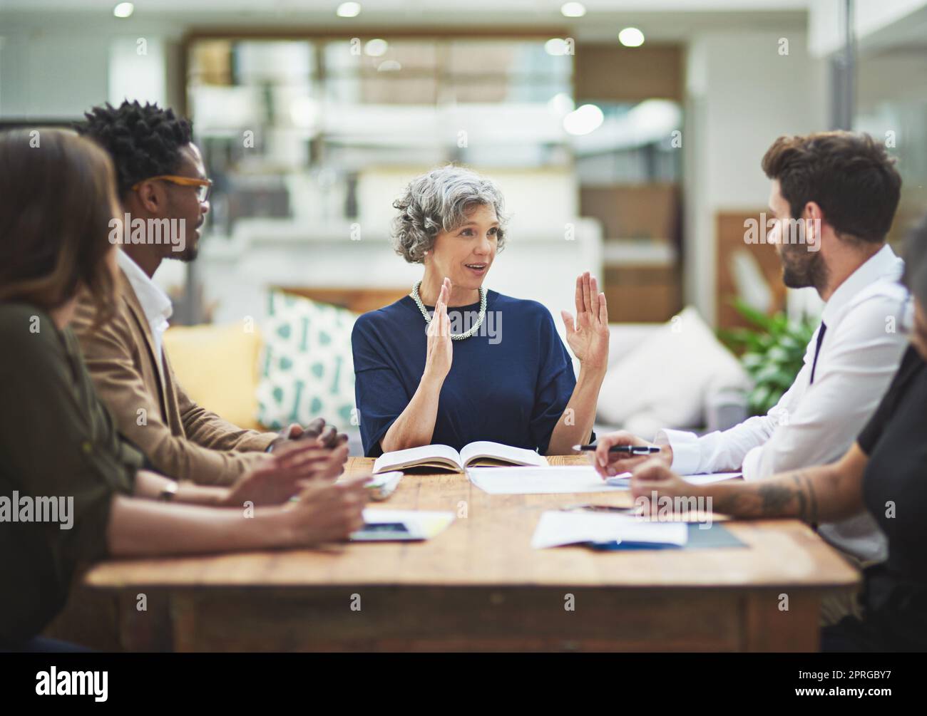 Lets stay focused on the bigger picture. a diverse group of businesspeople having a meeting in their modern office. Stock Photo