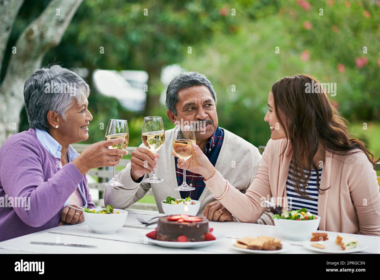 Another year of love, life and family. a family enjoying a birthday lunch outside. Stock Photo