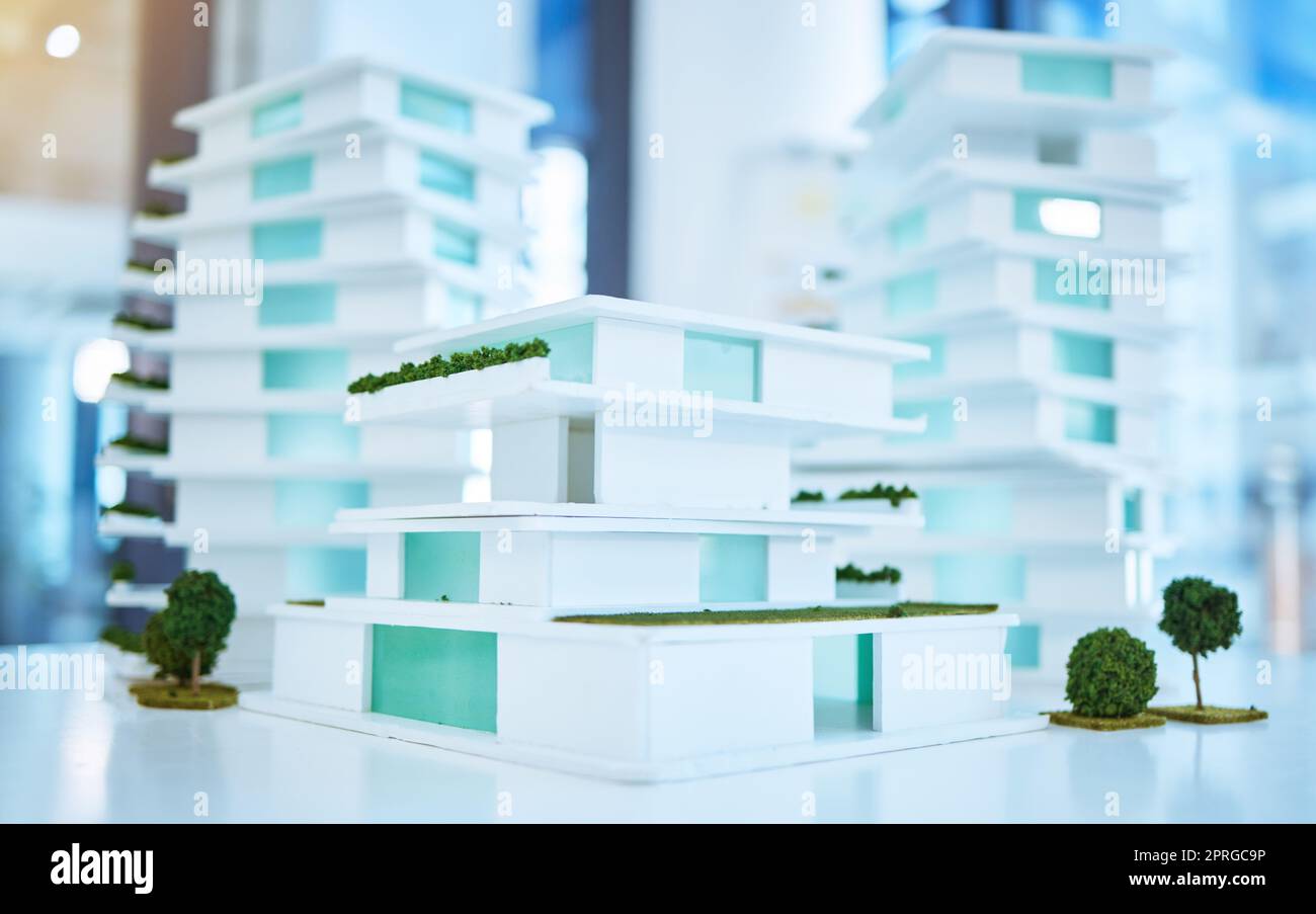 Architecture, design and construction site model of 3d building project management idea. Creative, innovation and vision with engineering company planning on office building space Stock Photo