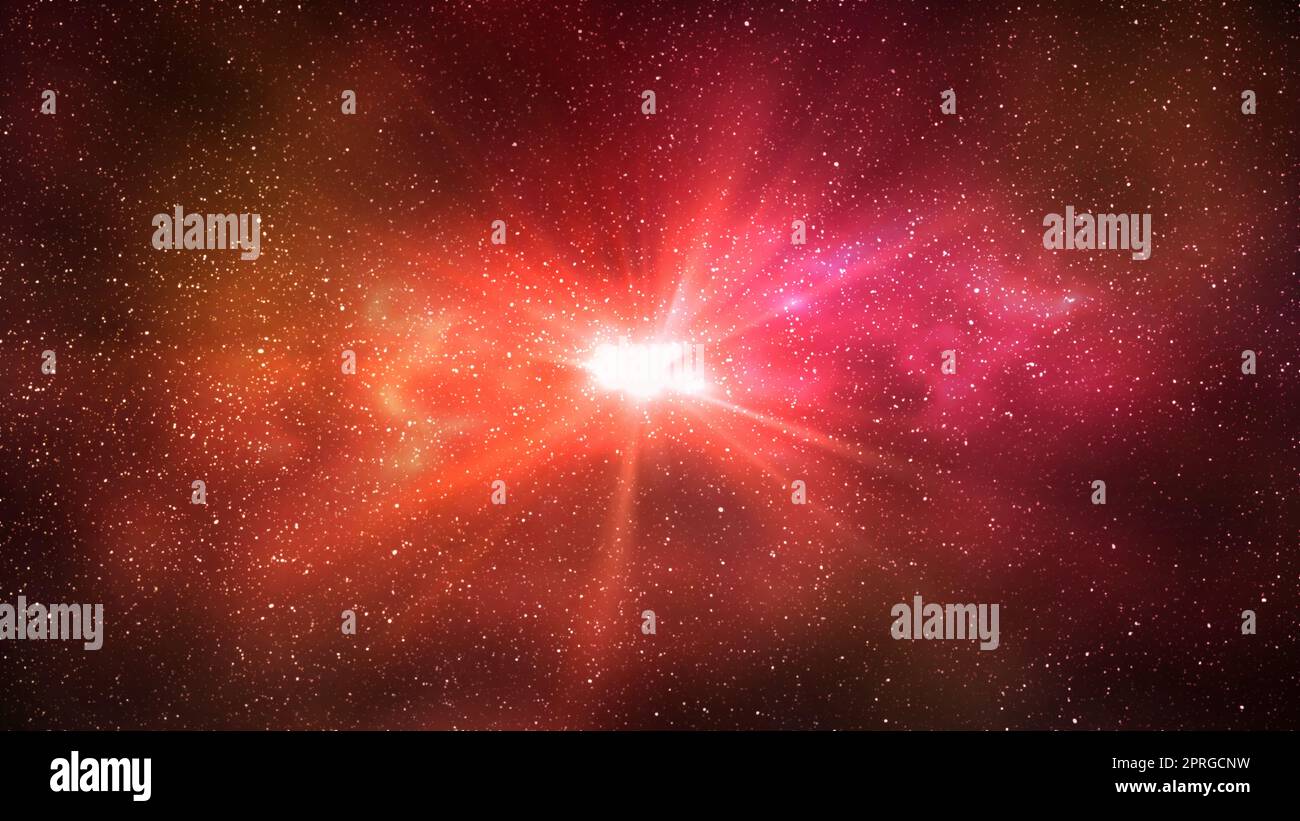 Burst of light in space. Night starry sky and bright red galaxy, horizontal background Stock Photo