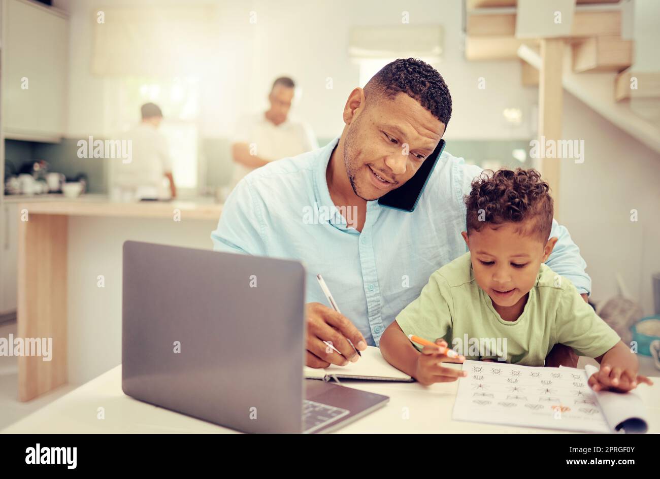 Remote, business man and parent multitasking with child at home, talking on phone call and help with homework. Productive single father online project management while discuss strategy and balance Stock Photo