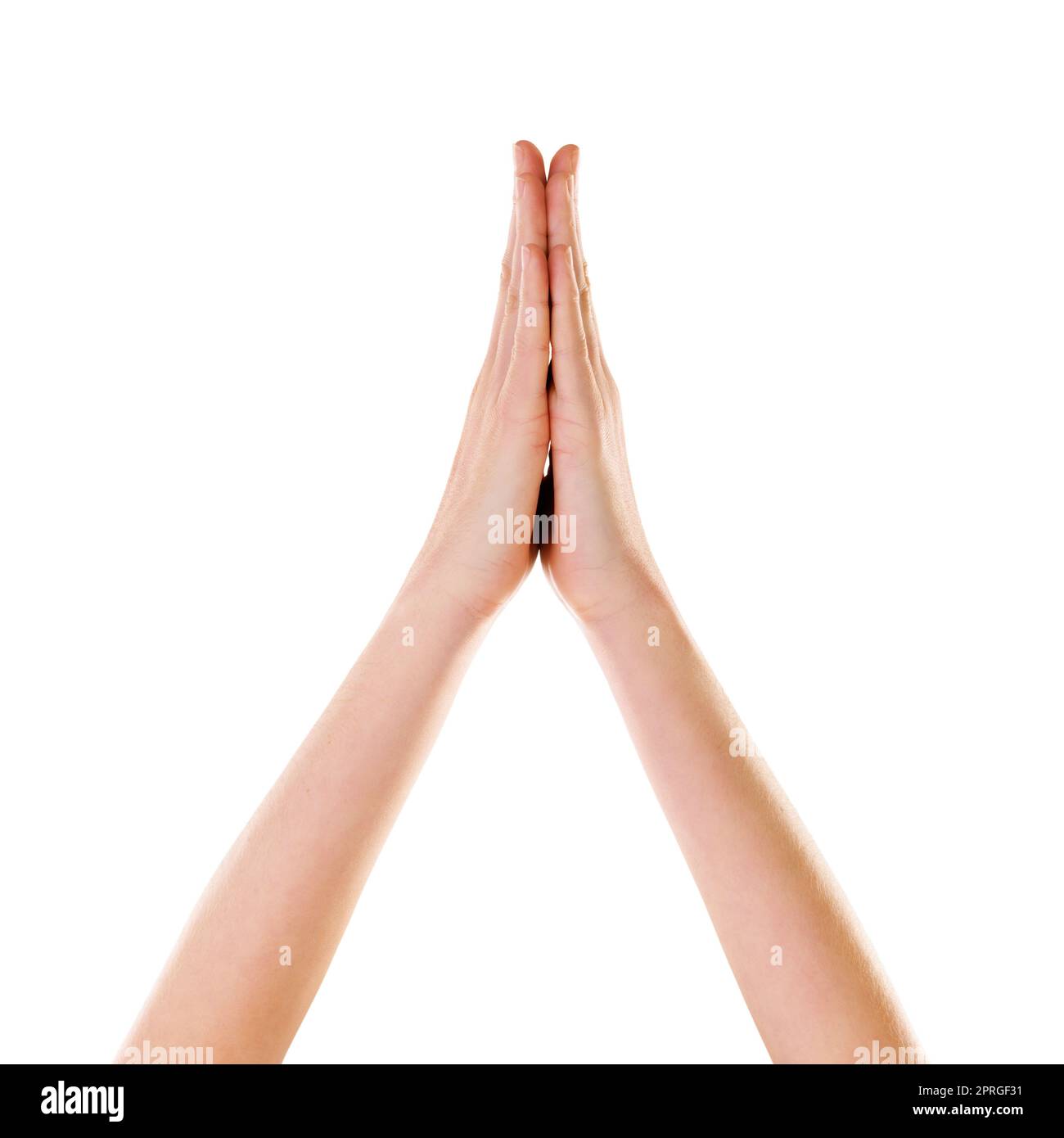 Praying for the best. hands together isolated on white. Stock Photo