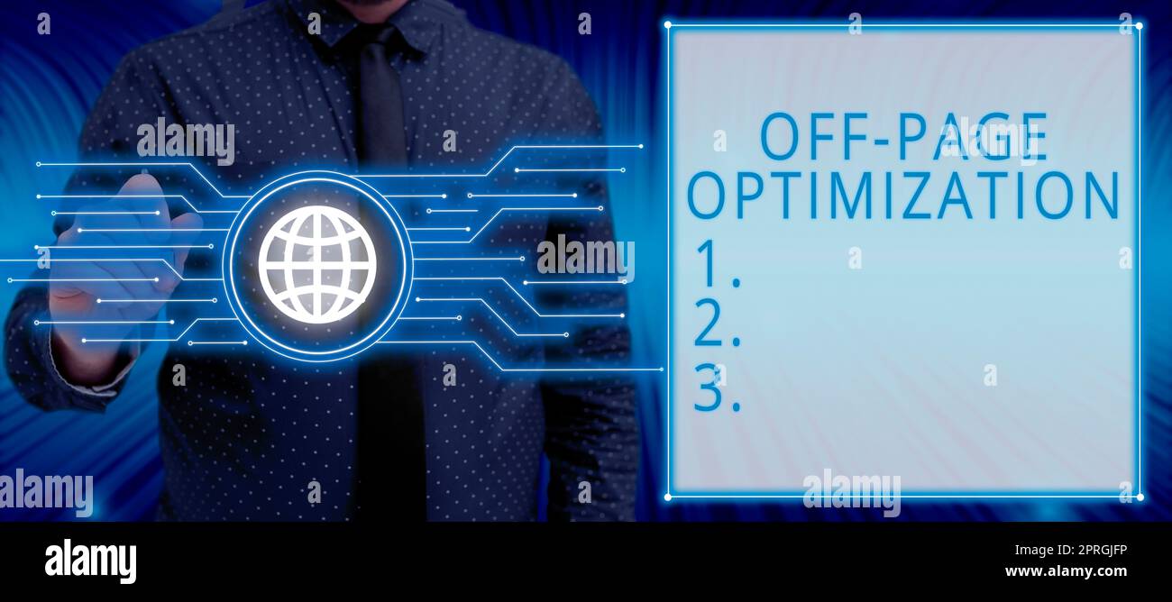 Sign displaying Off Page Optimization, Word Written on Website External Process Promotional Method Ranking Stock Photo