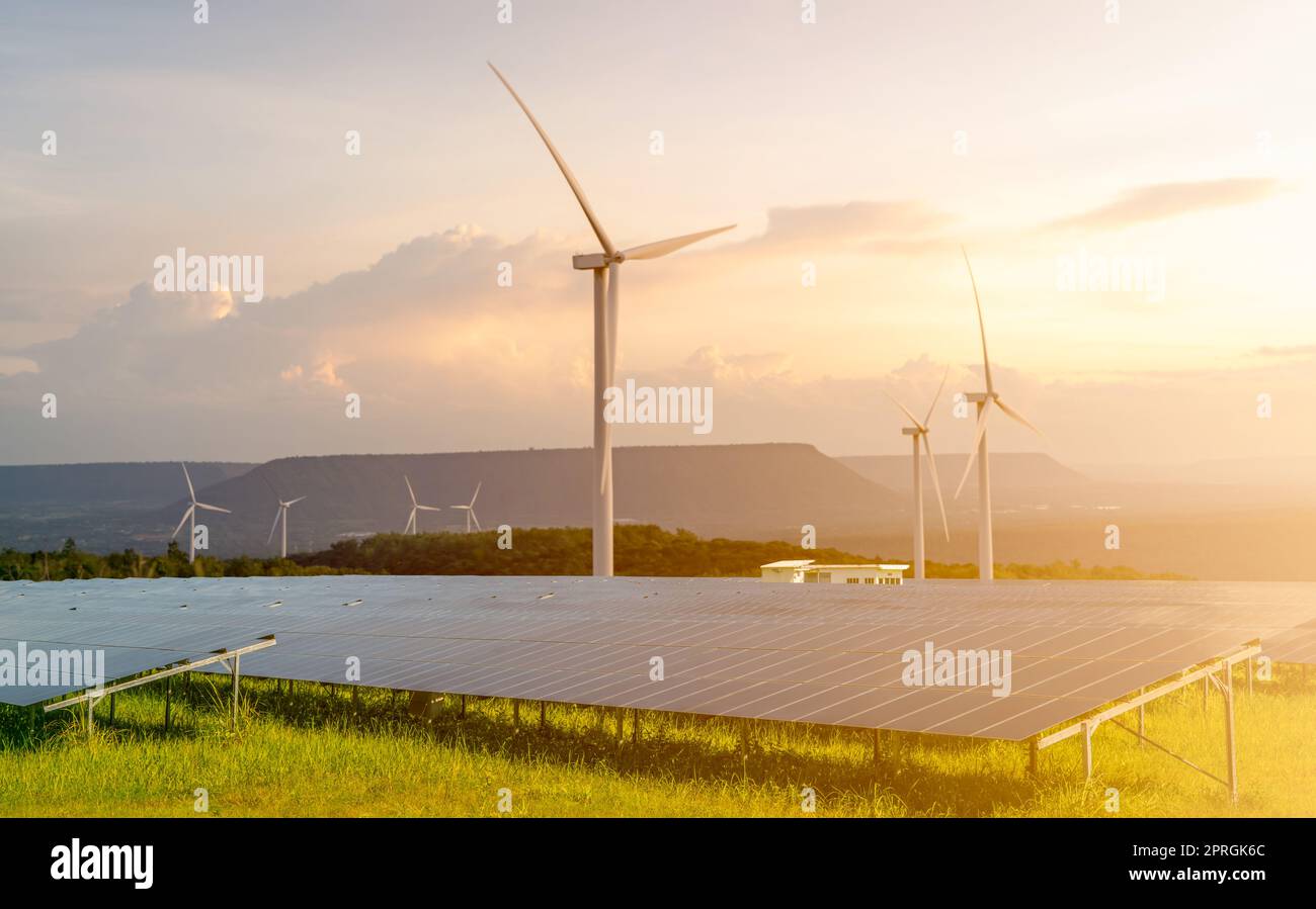 Sustainable energy. Solar and wind turbines farm. Sustainable resources