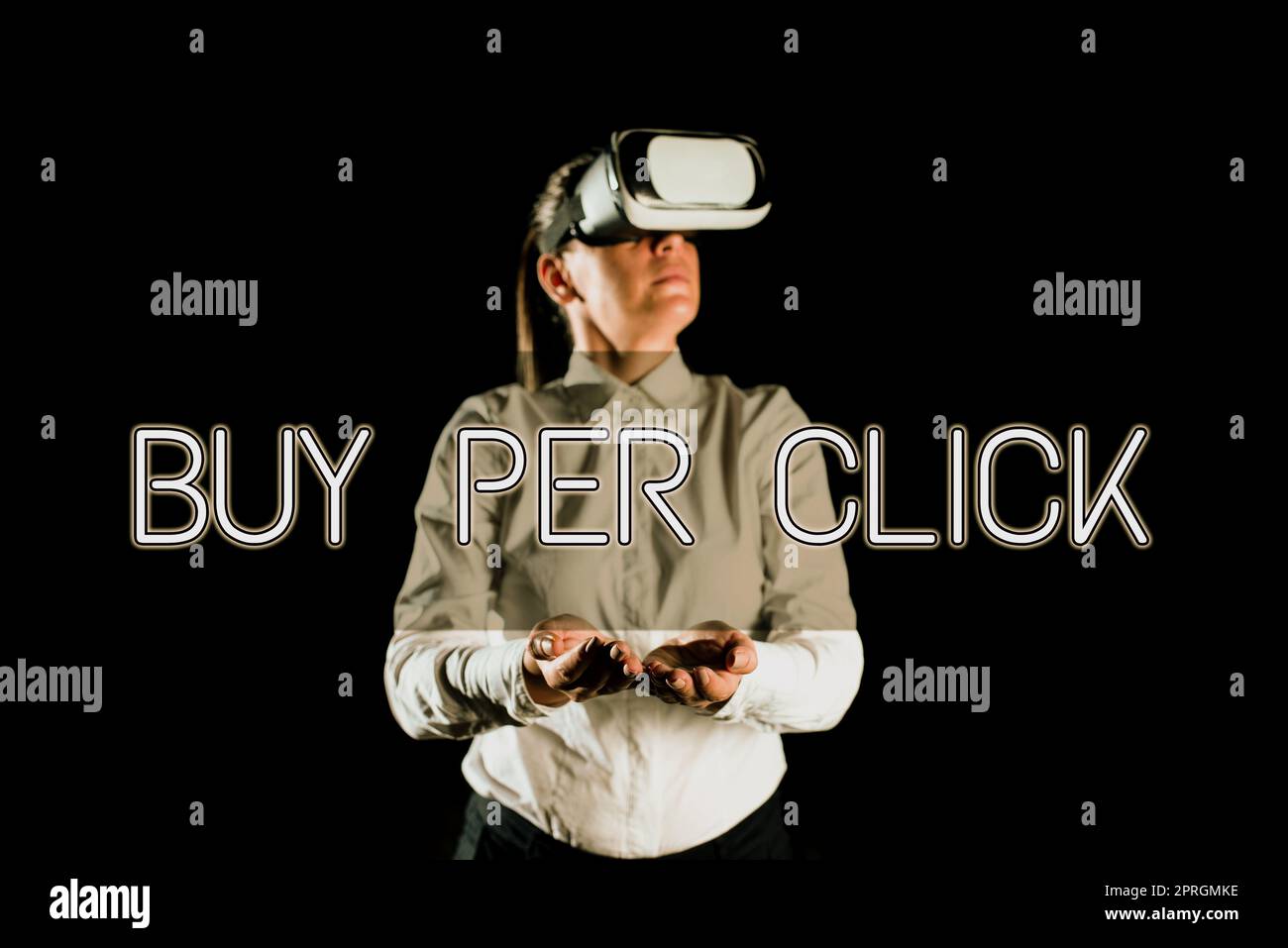 Sign displaying Buy Per Click. Business idea Online purchasing ecommerce modern technologies to shop Businesswoman Holding Tablet And Presenting New Ideas For Business Growth. Stock Photo