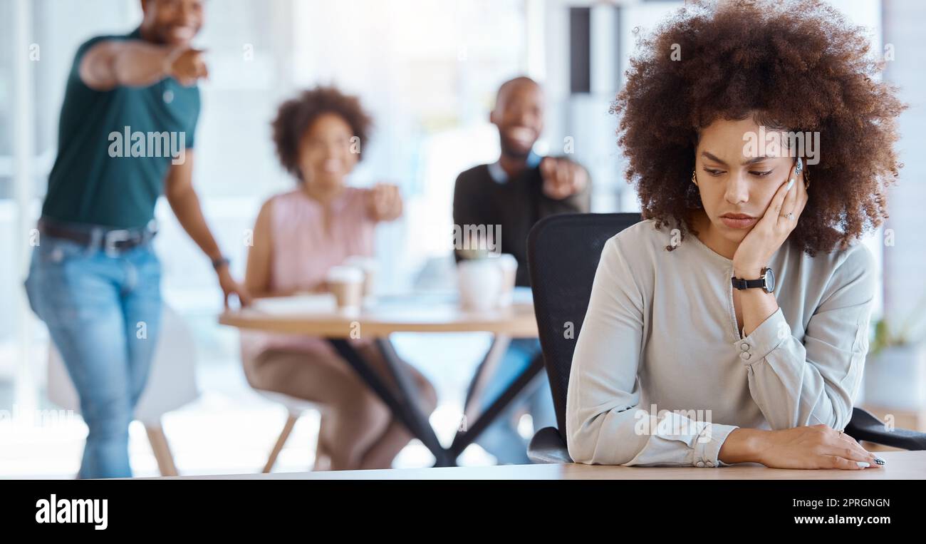Workplace, gossip and bullying business people for Human Resources, mental health or office compliance. Corporate staff whisper of black woman with ma Stock Photo