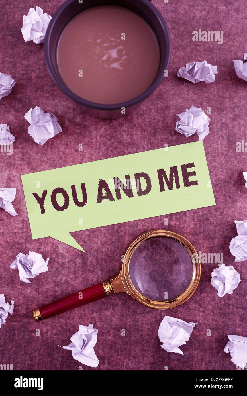 Text caption presenting You And Me. Business approach Couple Relationship compromise Expressing romantic feelings Cloud Thought Bubble And Exclamation Mark For Business Promotion. Stock Photo