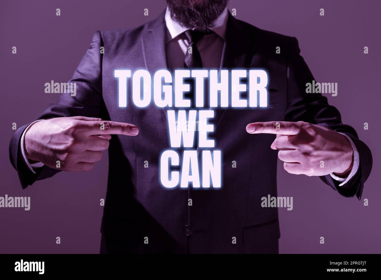 Sign displaying Together We Can. Word Written on Unity can makes everything possible One powerful group Man Holding Digital Display Futuristic Technology Computer System Stock Photo