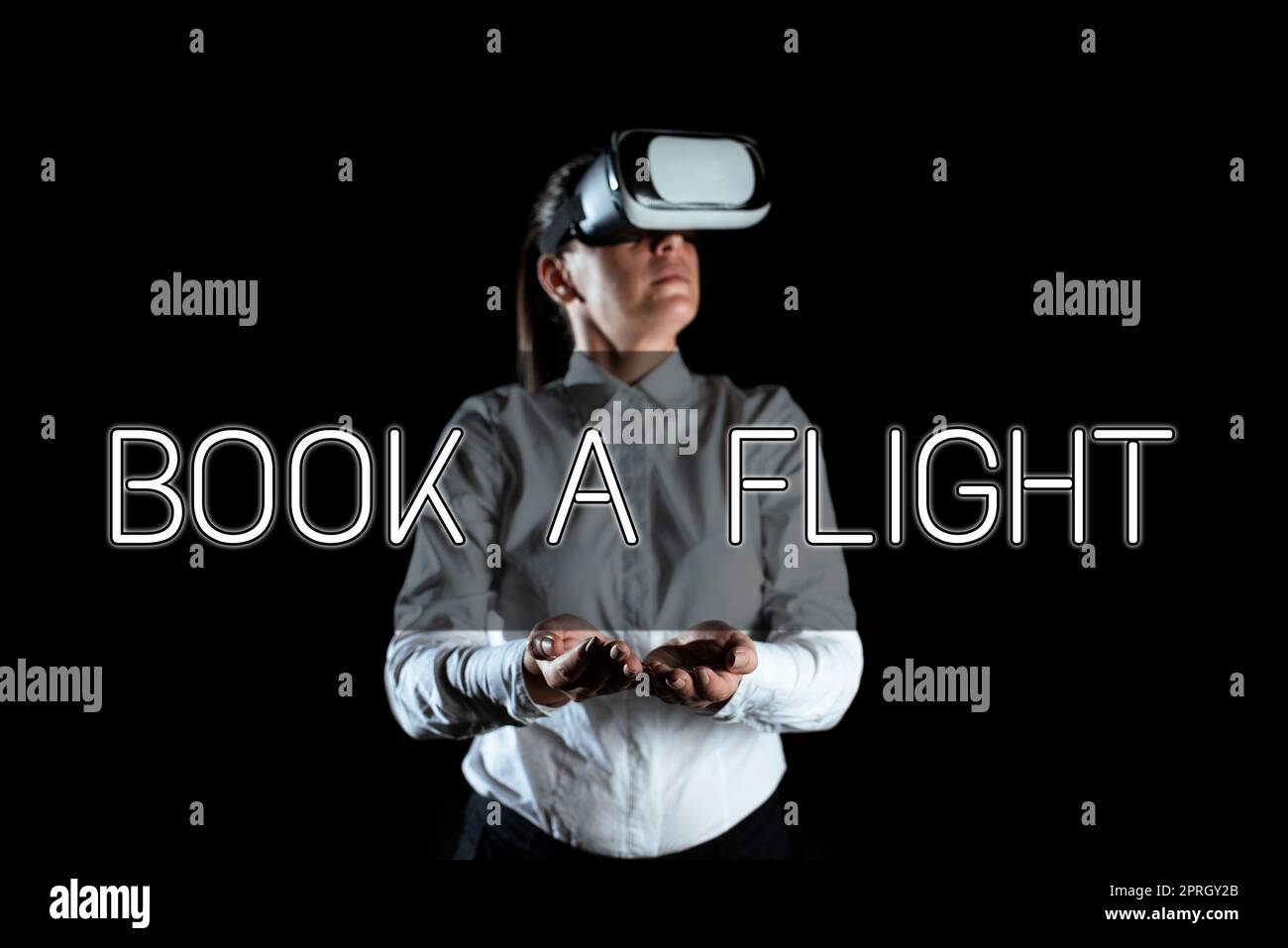Text showing inspiration Book A Flight. Business showcase Purchase tickets to make a trip by plane Planning vacations Businesswoman Holding Tablet And Presenting New Ideas For Business Growth. Stock Photo