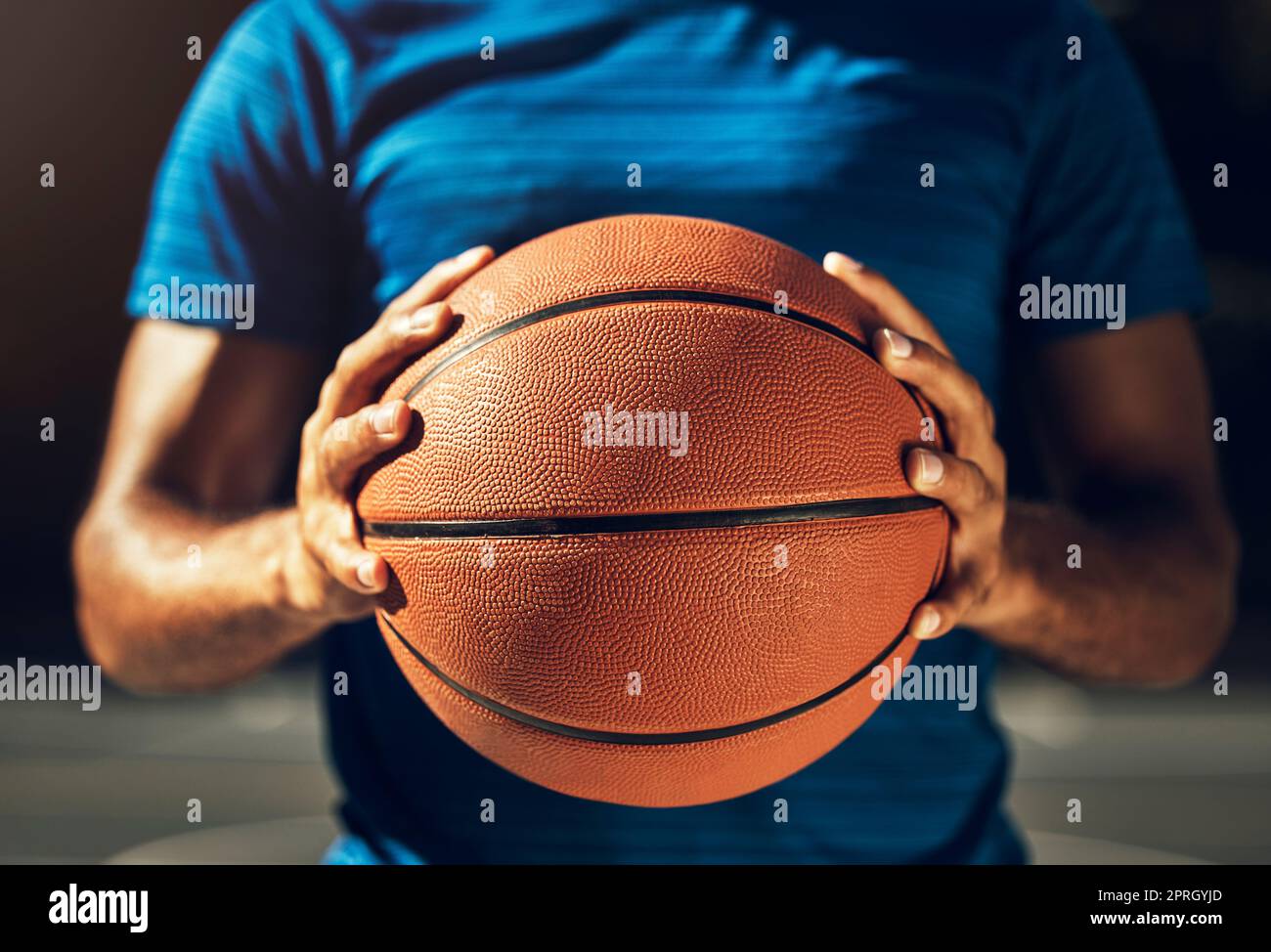 Hands, basketball and sports man ready for outdoor match game training with athletic grip