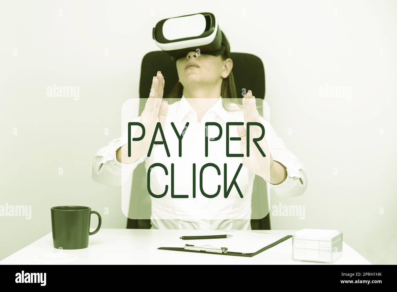 Text showing inspiration Pay Per Click. Business showcase Internet Advertising Model Search Engine marketing Strategy Standing Woman Wearing Vr Glasses Presenting Important Messages. Stock Photo