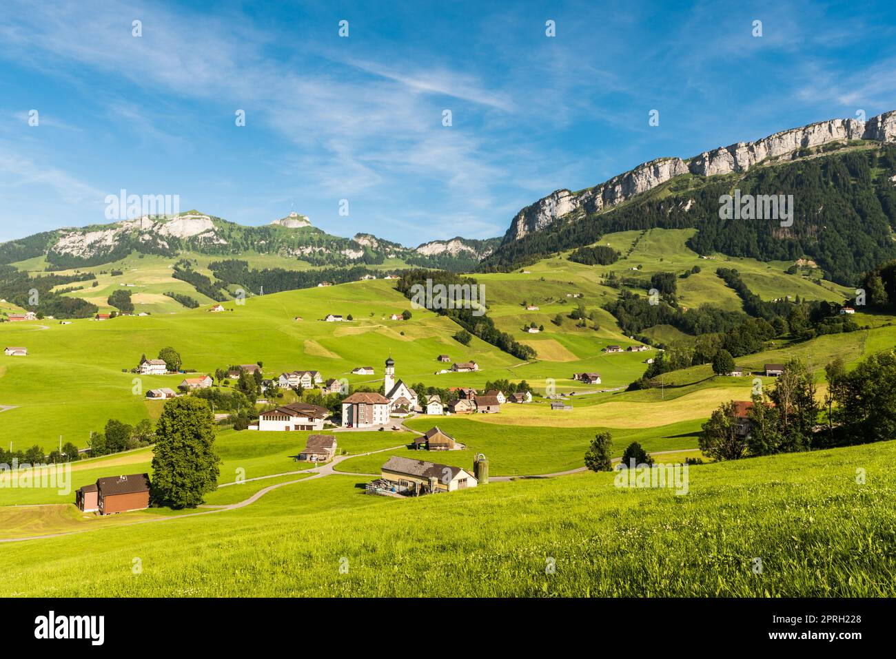 The village of Schwende and Hoher Kasten in Appenzellerland, Canton Appenzell Innerrhoden, Switzerland Stock Photo