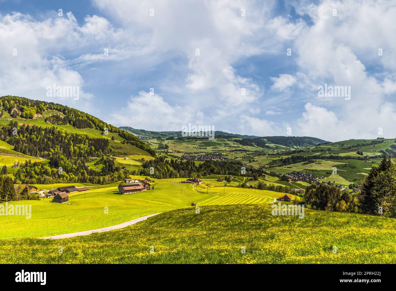 Mountain landscape with farmhouses and pastures, Appenzellerland, Canton Appenzell Innerrhoden, Switzerland Stock Photo