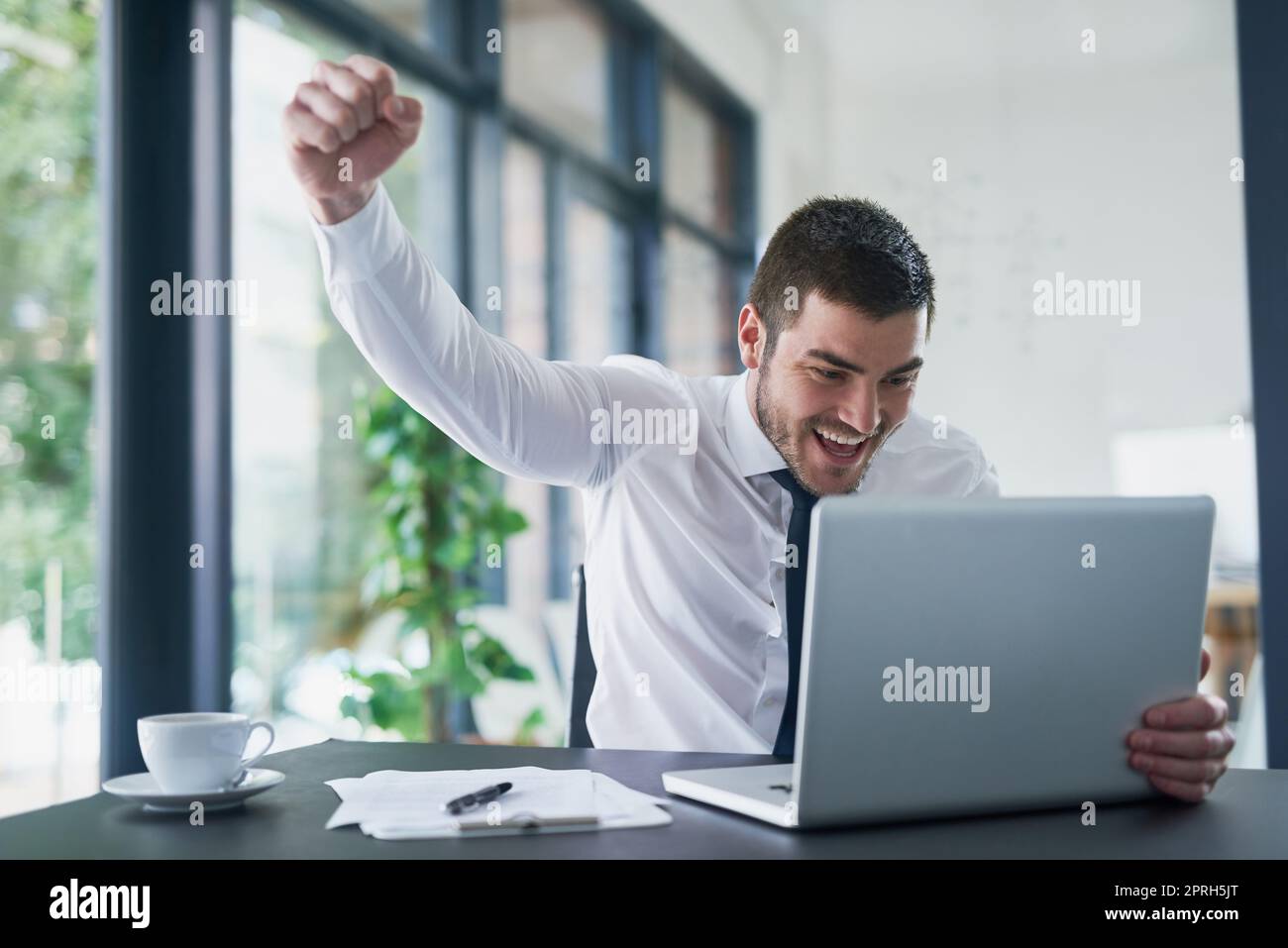 Winning in business. a young businessman cheering while working on a laptop in an office. Stock Photo