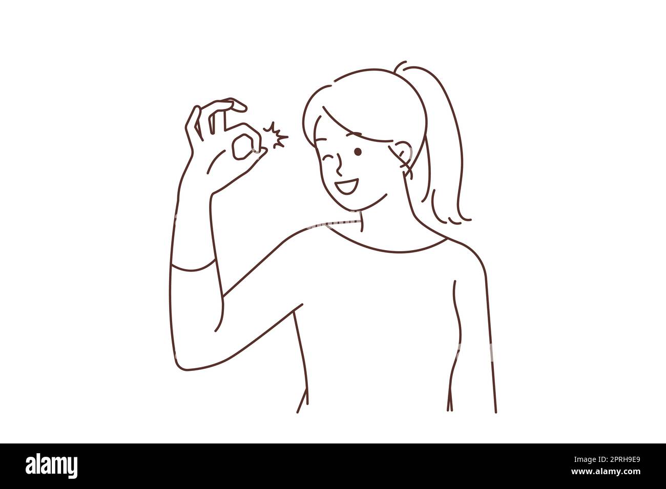 Smiling young woman show ok hand gesture feeling optimistic about ...