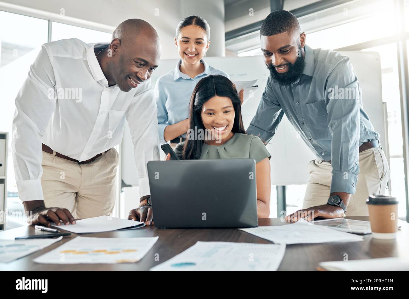 Business teamwork on laptop for marketing meeting, online web collaboration and planning tech ideas in office agency. Happy, diversity and motivation employees working on successful startup strategy Stock Photo