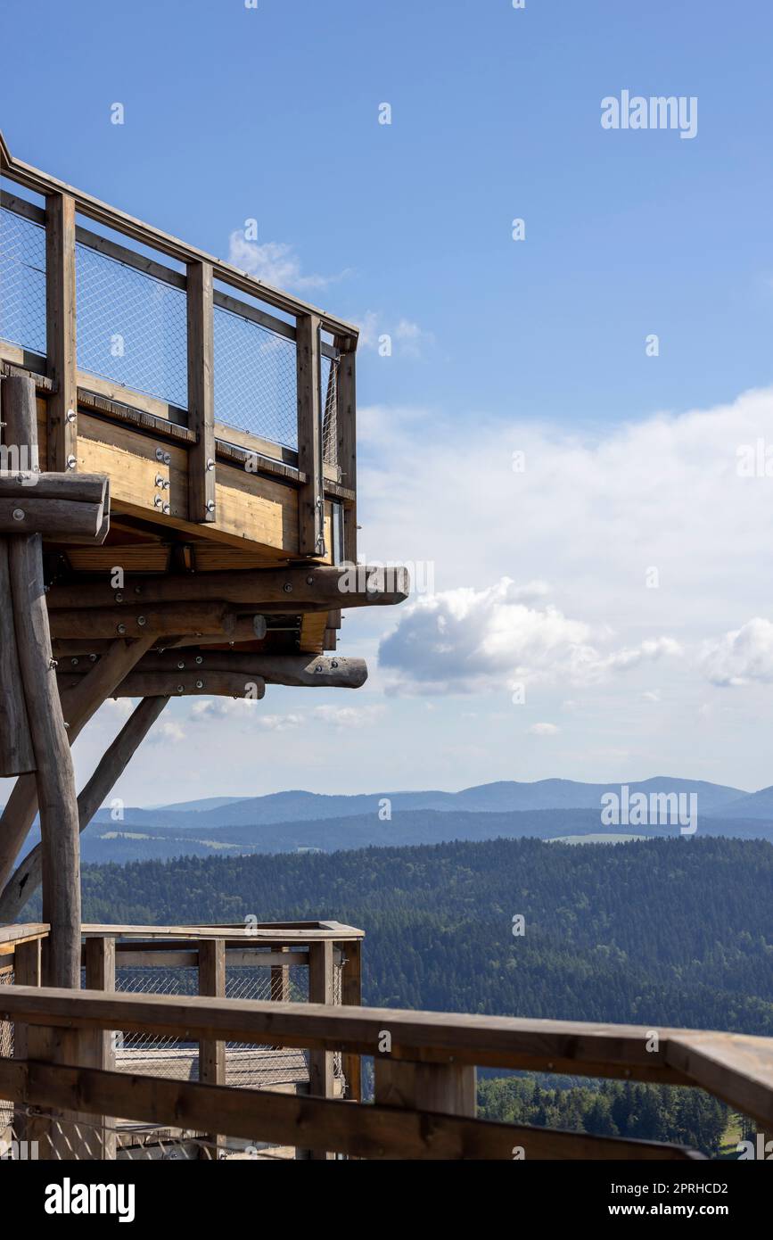 Observation tower located at the top of the Słotwiny Arena ski station, leading in the treetops, beautiful panorama of the mountain peaks, Krynica Zdroj, Beskid Mountains, Slotwiny, Poland Stock Photo