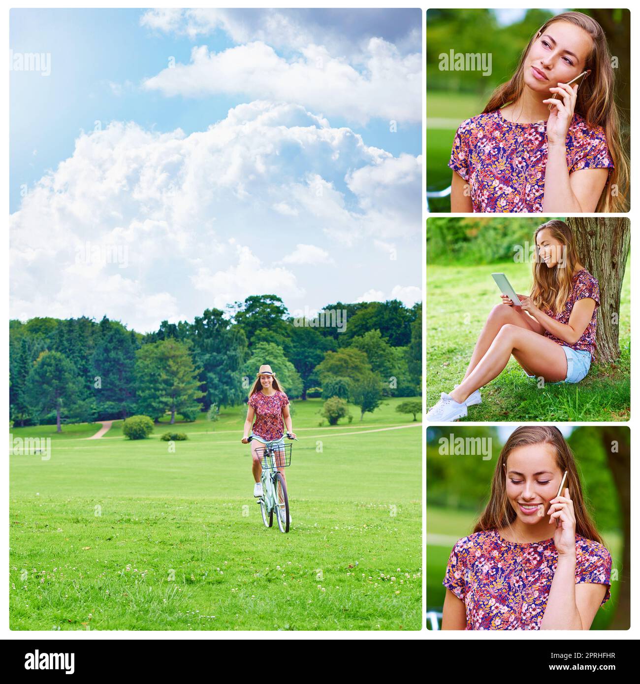 Its a beautiful work, get out there and discover it. Composite image of an attractive young woman chilling in the park. Stock Photo