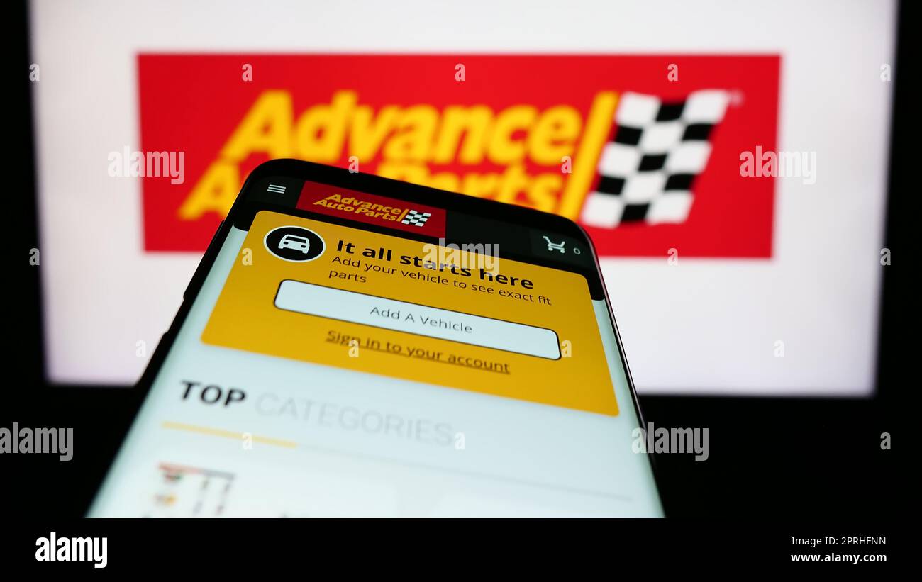 Mobile phone with web page of American automotive company Advance Auto