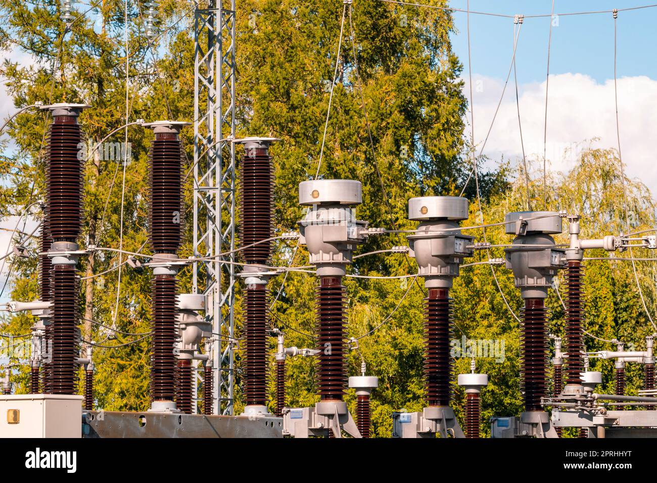 Transmission line field in a transformer station Stock Photo Alamy