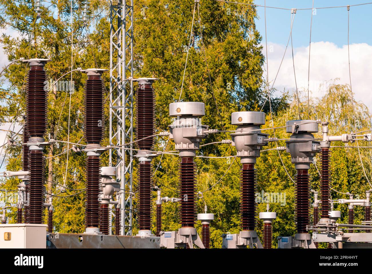 Transmission line field in a transformer station Stock Photo