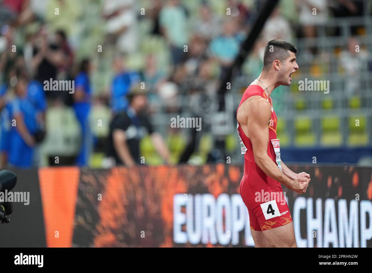 Asier Martínez celebrating his victory in the 110 meter hurdles at the