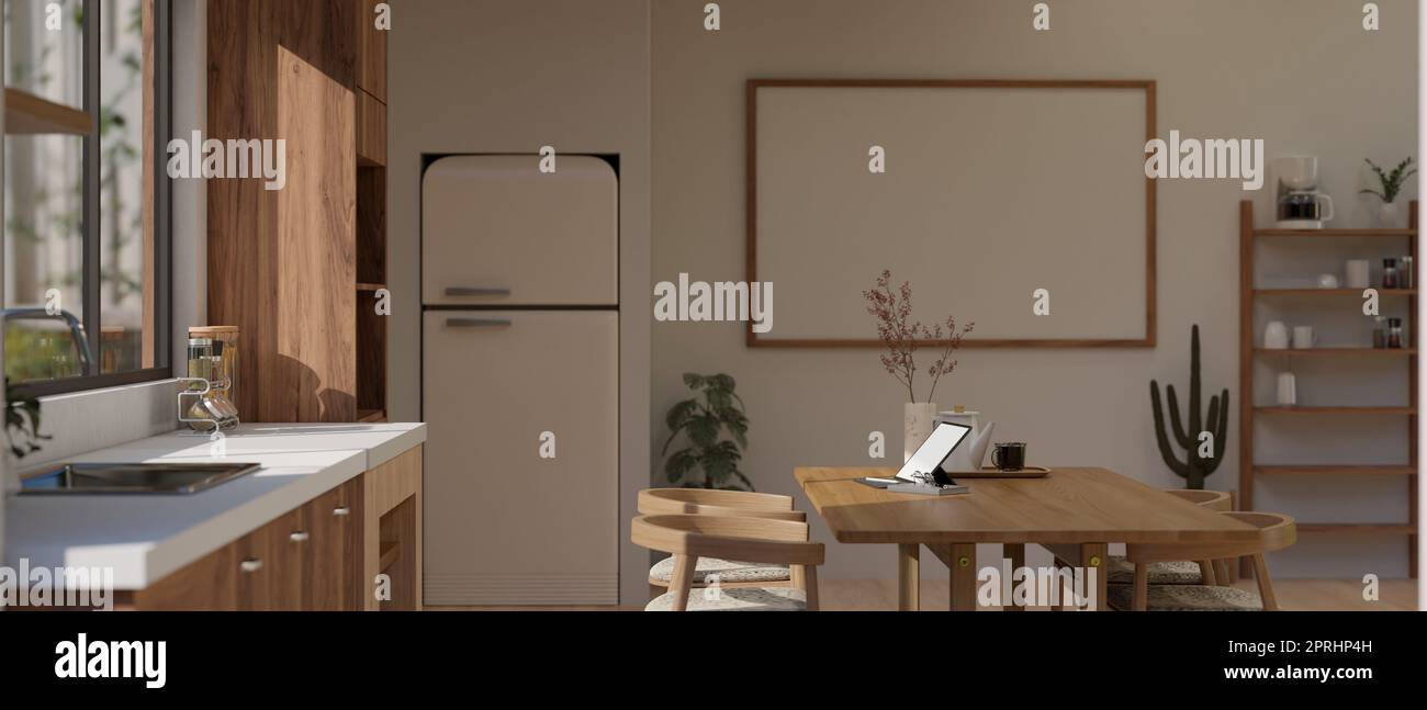 Side view of a beautiful minimal Scandinavian kitchen interior design ...