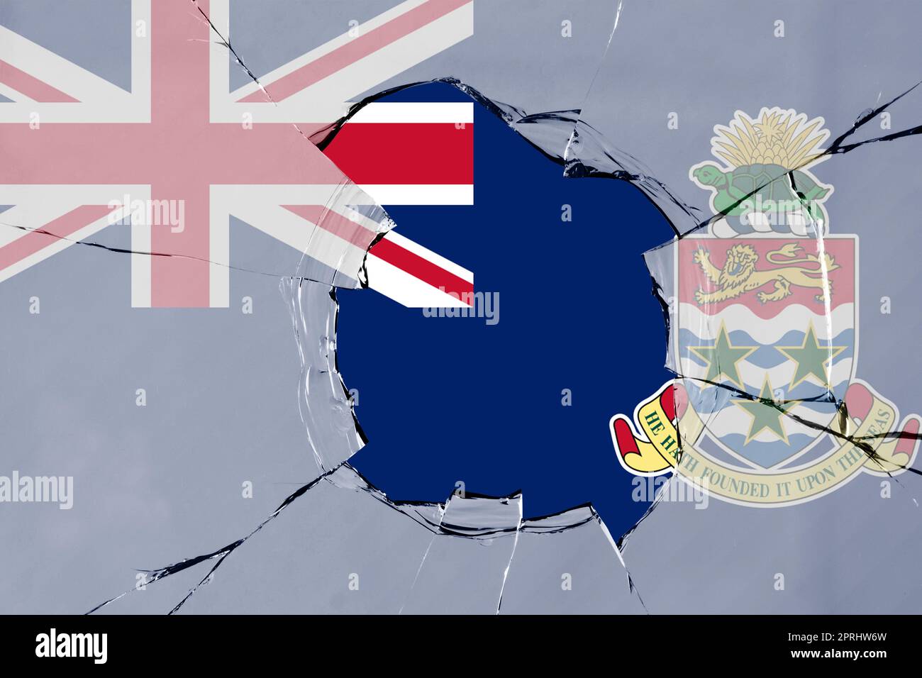 3D Flag of Cayman Islands on a glass breakage background Stock Photo ...