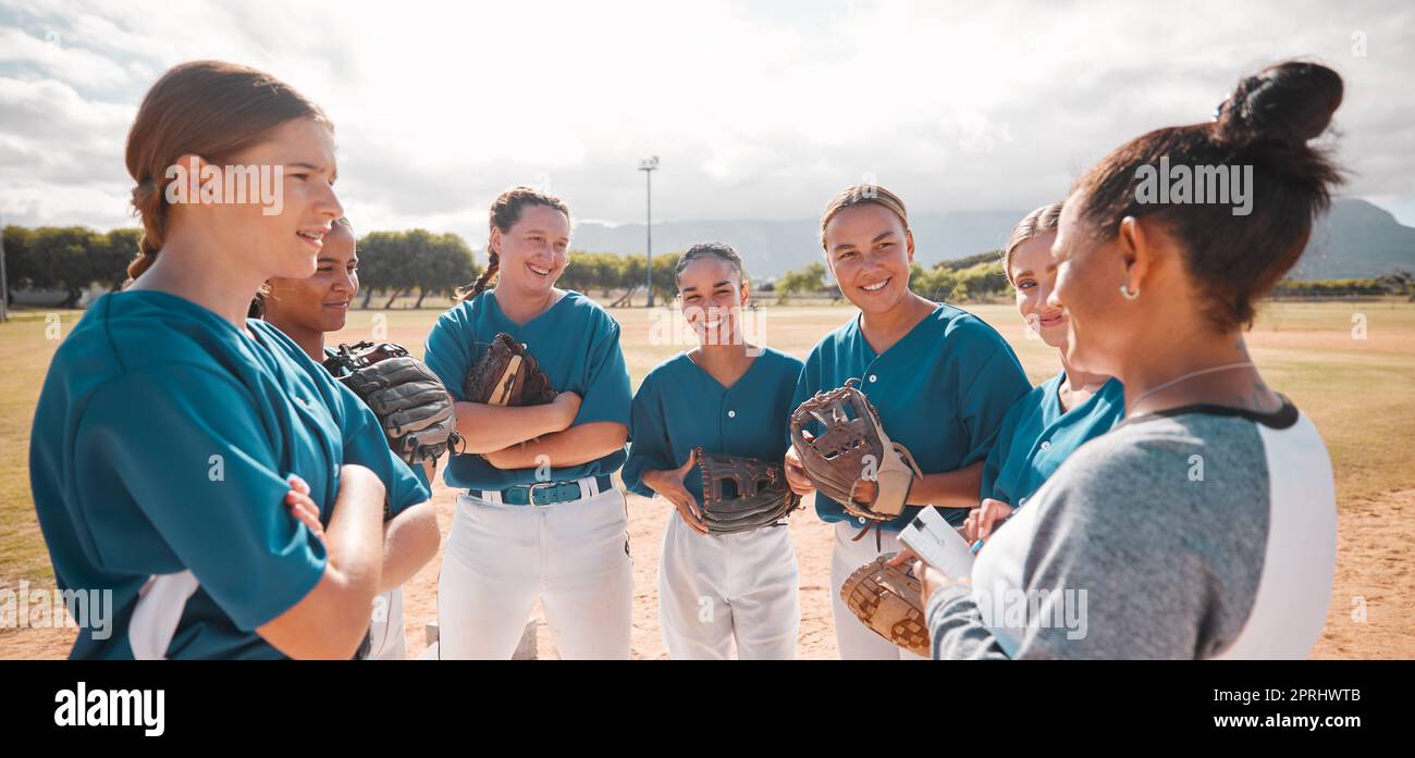 Baseball, team and women with coach talking, conversation or speaking ...