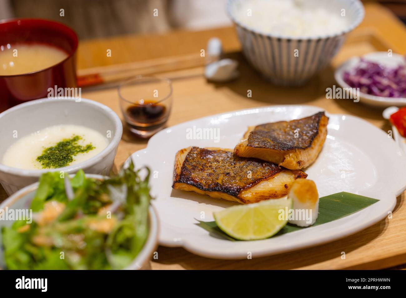 Mackerel fish fillet marinated in miso and grilled, Japanese cuisine