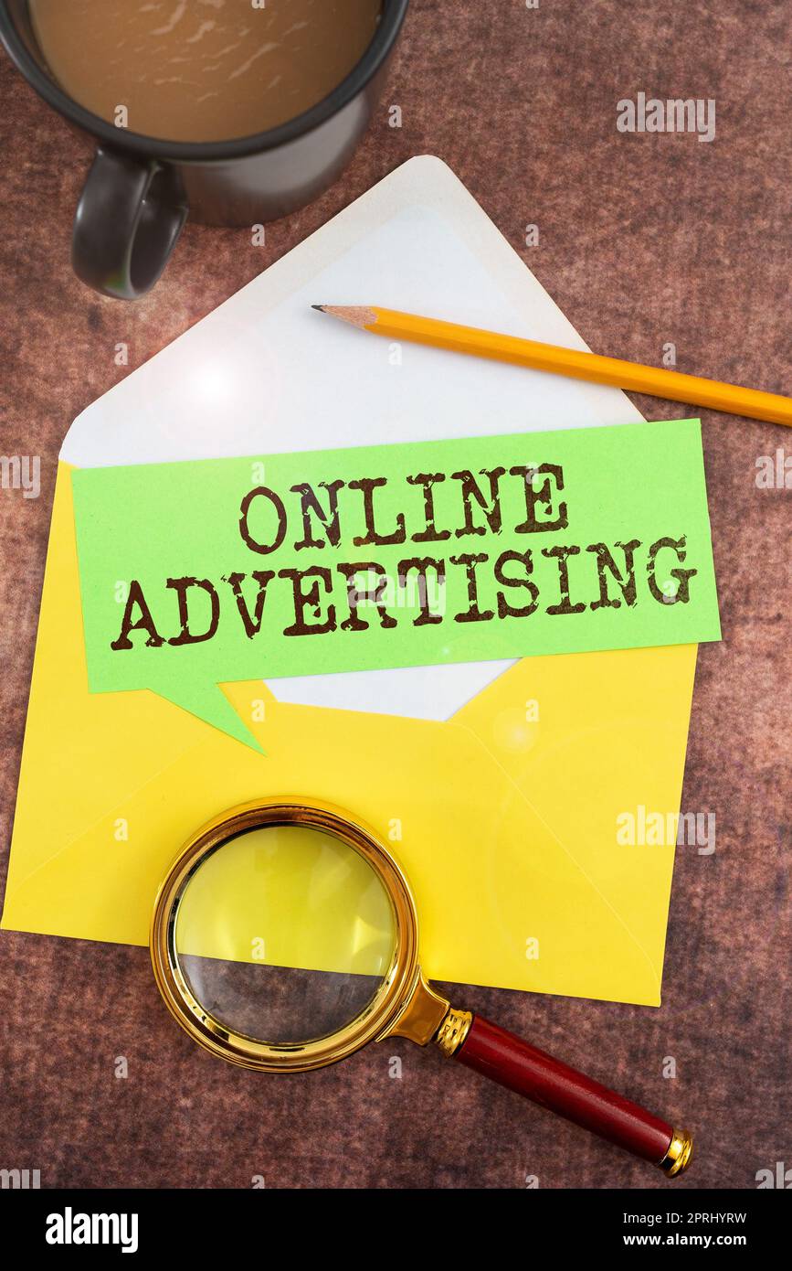 Sign displaying Online AdvertisingInternet Web Marketing to Promote Products and Services. Word for Internet Web Marketing to Promote Products and Services Stock Photo