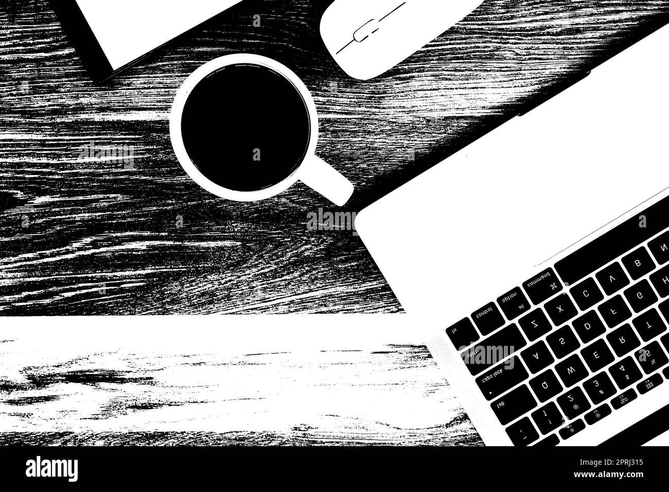 black and white workspace with cup of coffee,mobile phone and office equipments on wood desk work background Stock Photo