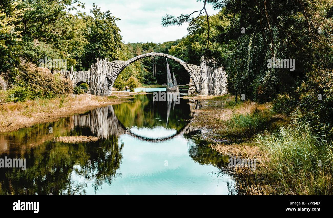 Rakotz bridge in the azalea and rhododendron park Kromlau at the Rakotz Lake Stock Photo