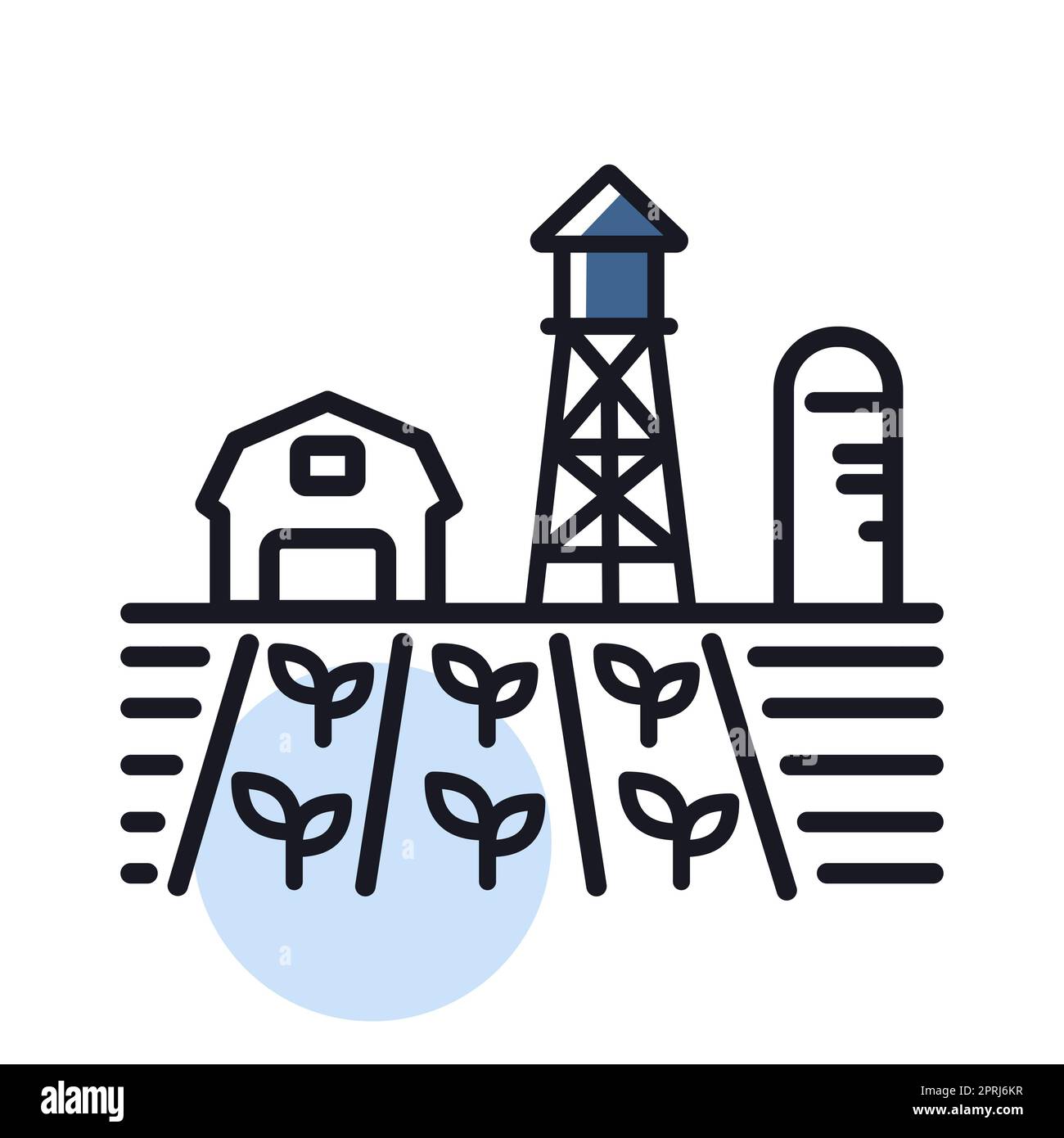 Farm landscape with barn, windpump, seedling and water tower vector ...