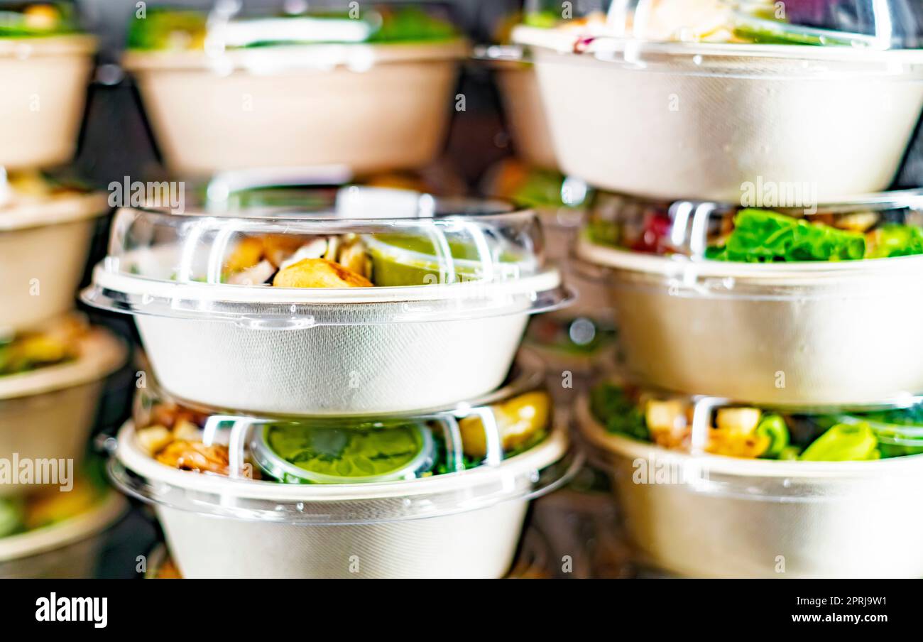 Ready to eat meals displayed in a commercial refrigerator Stock Photo