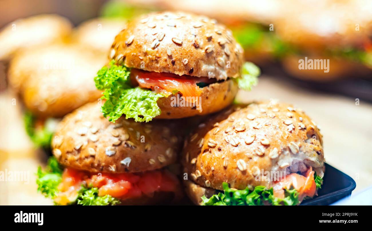 Freshly prepared sandwiches sold in a fast food restaurant Stock Photo