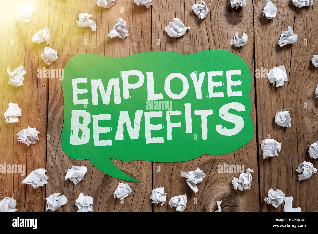 Conceptual display Employee BenefitsIndirect and noncash compensation paid to an employee. Business showcase Indirect and noncash compensation paid to an employee Stock Photo